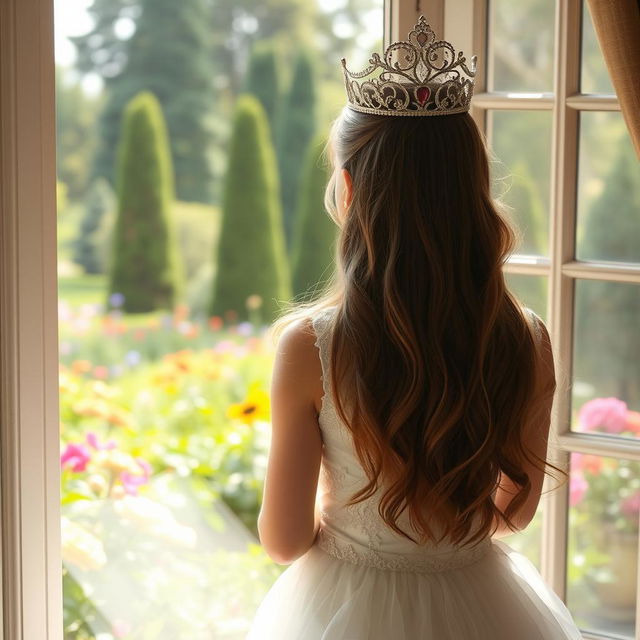 A young woman with long dark blonde hair seen from behind, wearing a beautiful white princess dress and a delicate crown