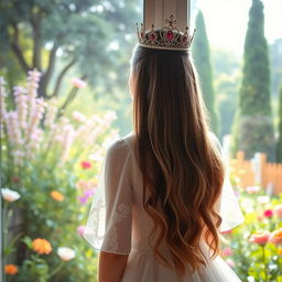 A young woman with long dark blonde hair seen from behind, wearing a beautiful white princess dress and a delicate crown