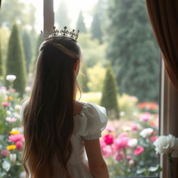 A young woman with long dark blonde hair seen from behind, wearing a beautiful white princess dress and a delicate crown