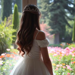 A young woman with long dark blonde hair seen from behind, wearing a beautiful white princess dress and a delicate crown