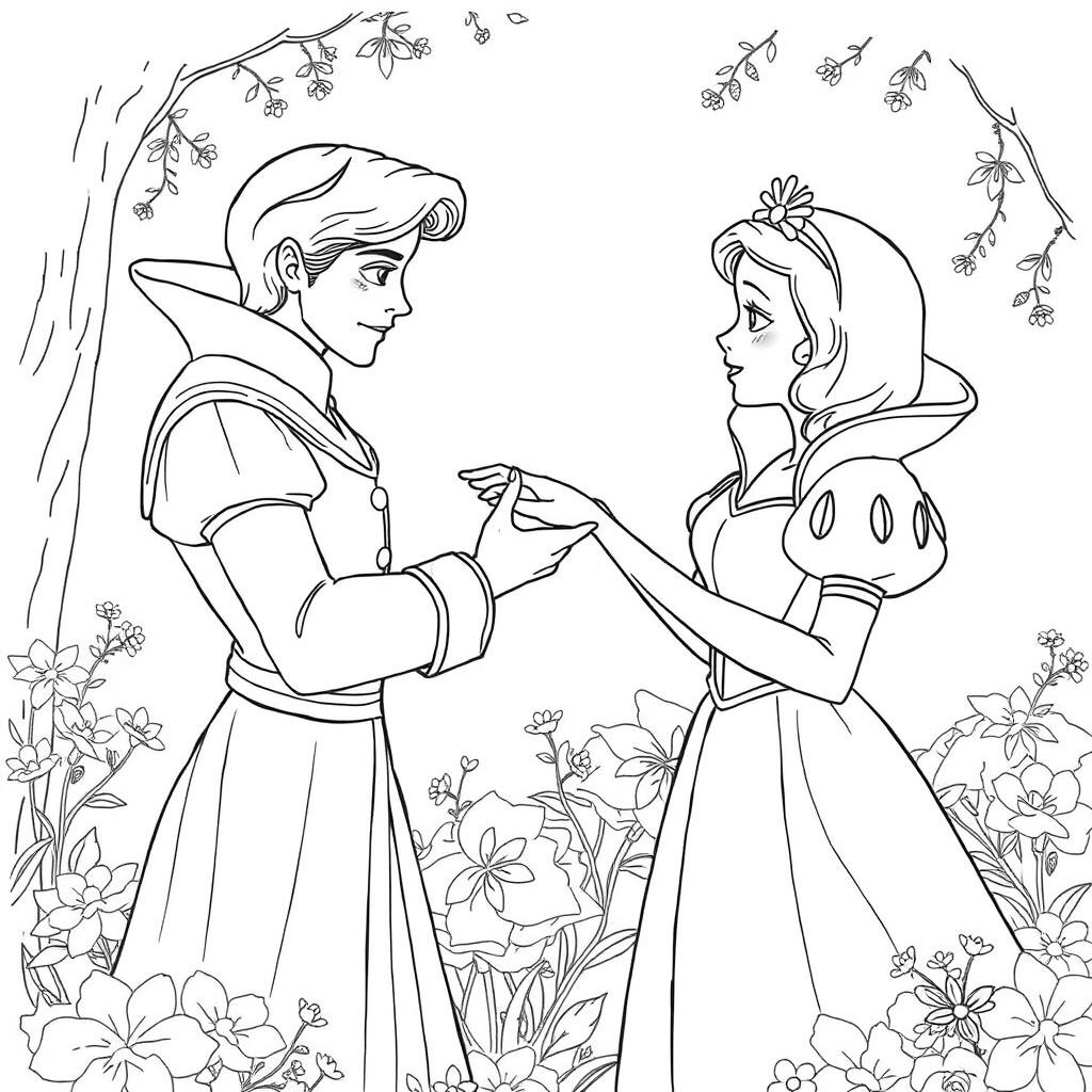 Snow White and Prince Charming meeting in a fairytale setting, possibly a flower garden or forest clearing