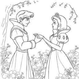 Snow White and Prince Charming meeting in a fairytale setting, possibly a flower garden or forest clearing