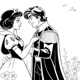 Snow White and Prince Charming meeting in a fairytale setting, possibly a flower garden or forest clearing