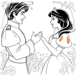 Snow White and Prince Charming meeting in a fairytale setting, possibly a flower garden or forest clearing