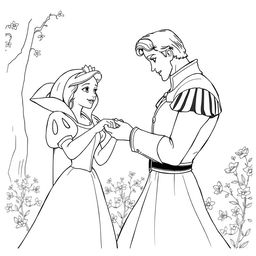 Snow White and Prince Charming meeting in a fairytale setting, possibly a flower garden or forest clearing