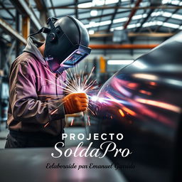 A conceptual image for a business project titled "Projecto SoldaPro," featuring a welding company