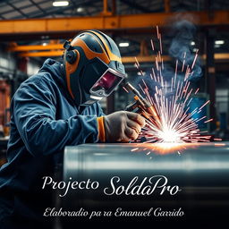 A conceptual image for a business project titled "Projecto SoldaPro," featuring a welding company