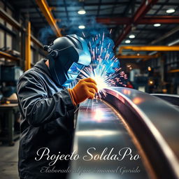 A conceptual image for a business project titled "Projecto SoldaPro," featuring a welding company