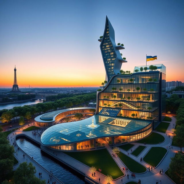 A bionic-shaped skyscraper with smooth lines and zigzags, seamlessly blending into the Parisian landscape