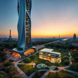 A bionic-shaped skyscraper with smooth lines and zigzags, seamlessly blending into the Parisian landscape