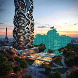 A bionic-shaped skyscraper with smooth lines and zigzags, seamlessly blending into the Parisian landscape