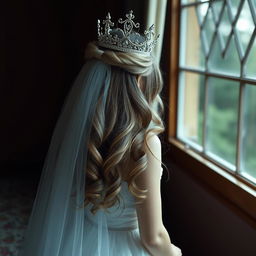 a woman with dark blonde hair seen from behind, wearing a white princess dress and a crown, looking out of a window