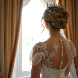 a woman with dark blonde hair seen from behind, wearing a white princess dress and a crown, looking out of a window