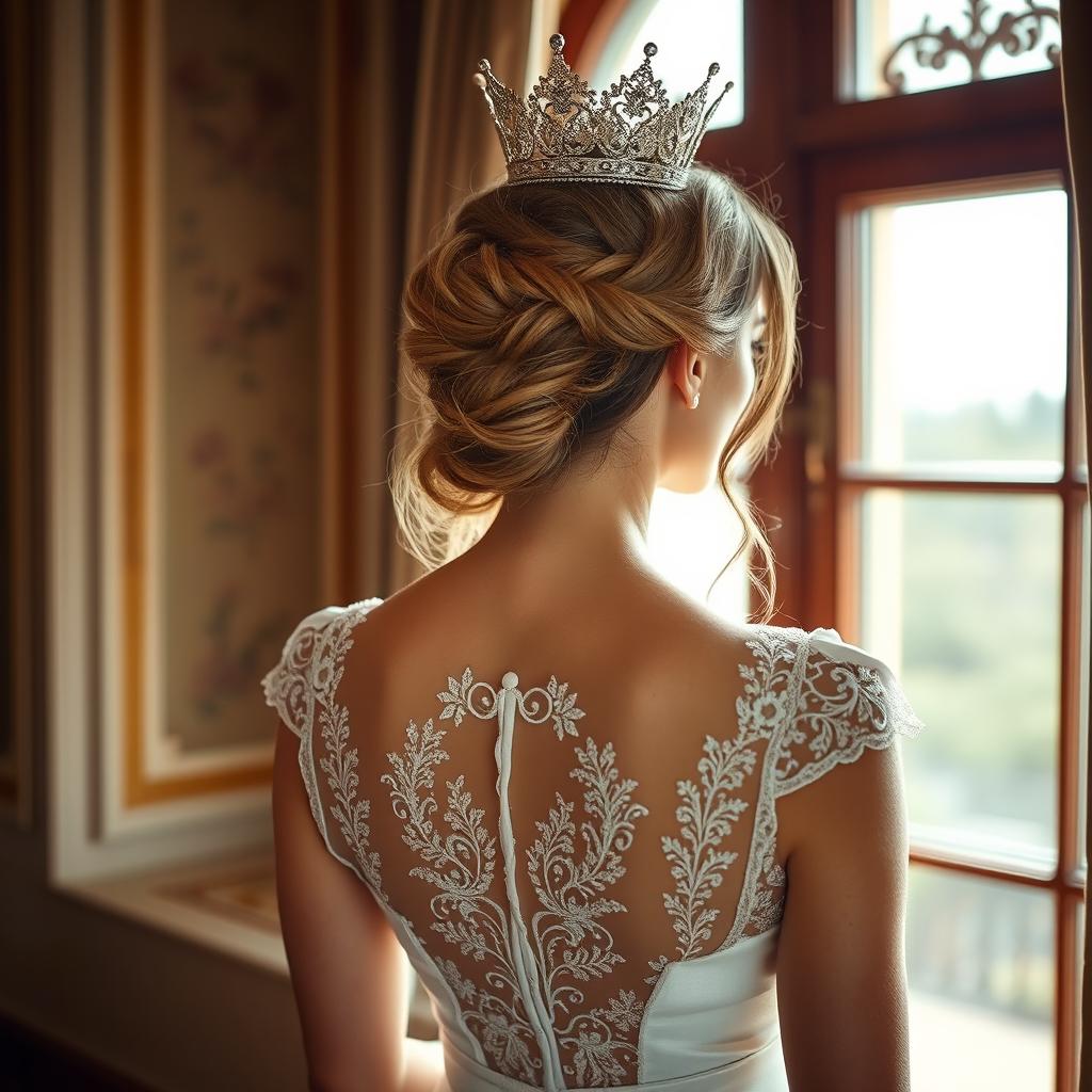 a woman with dark blonde hair seen from behind, wearing a white princess dress and a crown, looking out of a window