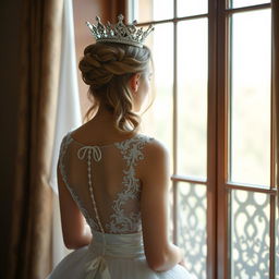 a woman with dark blonde hair seen from behind, wearing a white princess dress and a crown, looking out of a window