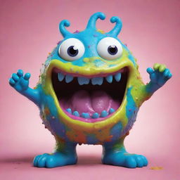 A cheerful, colorful, gooey monster displaying an expression of happiness.