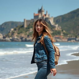 A woman with dark blonde hair wearing a denim jacket and jeans, carrying a backpack, walking along a beach