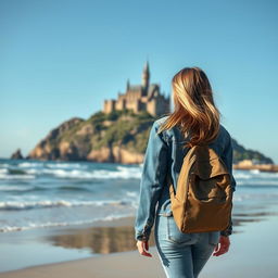 A woman with dark blonde hair wearing a denim jacket and jeans, carrying a backpack, walking along a beach