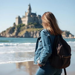 A woman with dark blonde hair wearing a denim jacket and jeans, carrying a backpack, walking along a beach