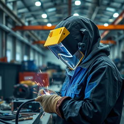 Imagem de uma pessoa a soldar, rodeada de faíscas brilhantes, com equipamento de proteção completo, incluindo máscara de solda, no contexto de uma oficina industrial moderna