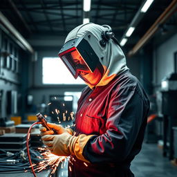 Imagem de uma pessoa a soldar, rodeada de faíscas brilhantes, com equipamento de proteção completo, incluindo máscara de solda, no contexto de uma oficina industrial moderna