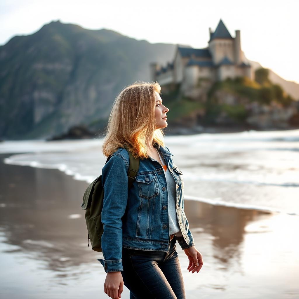 A woman with medium-length blonde hair wearing a denim jacket and jeans, with a backpack on her shoulders