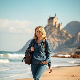 A woman with medium-length blonde hair wearing a denim jacket and jeans, with a backpack on her shoulders