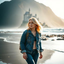 A woman with medium-length blonde hair wearing a denim jacket and jeans, with a backpack on her shoulders