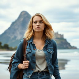 A thoughtful woman with medium-length blonde hair, wearing a denim jacket and jeans, walking along a beach with a backpack