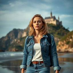 A thoughtful woman with medium-length blonde hair, wearing a denim jacket and jeans, walking along a beach with a backpack