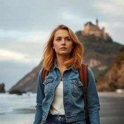 A thoughtful woman with medium-length blonde hair, wearing a denim jacket and jeans, walking along a beach with a backpack