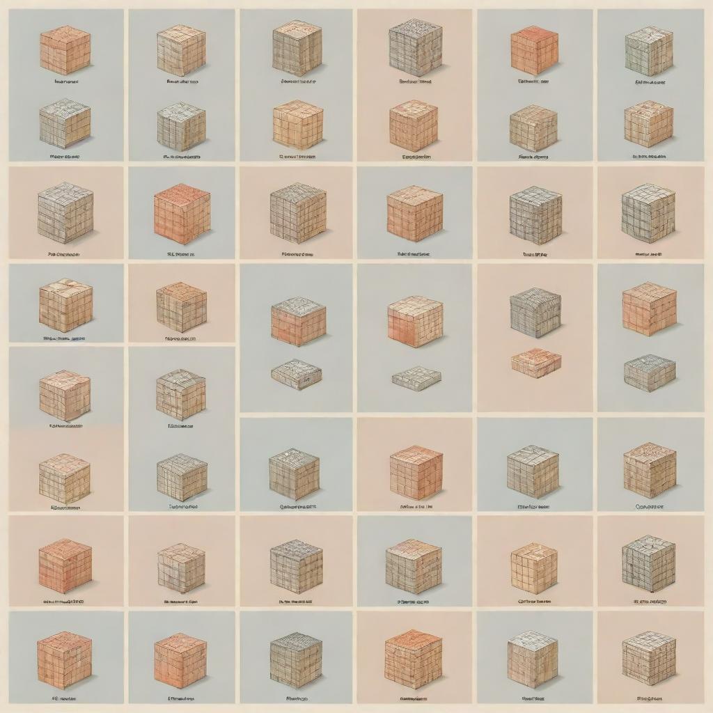 Create an educational image featuring a grid layout of 15 unique boxes. Each box contains one preposition, styled artistically, and a relevant, illustrative picture