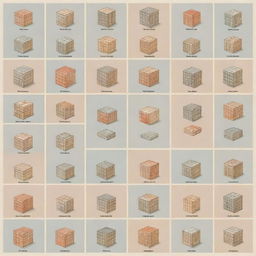 Create an educational image featuring a grid layout of 15 unique boxes. Each box contains one preposition, styled artistically, and a relevant, illustrative picture