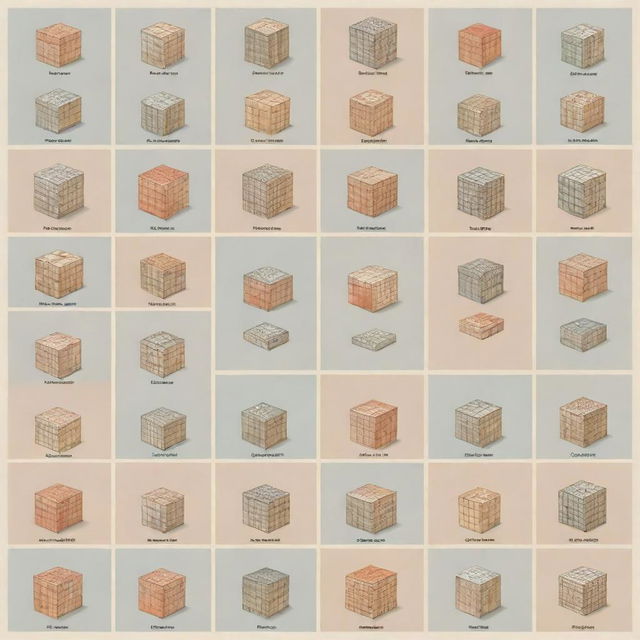 Create an educational image featuring a grid layout of 15 unique boxes. Each box contains one preposition, styled artistically, and a relevant, illustrative picture