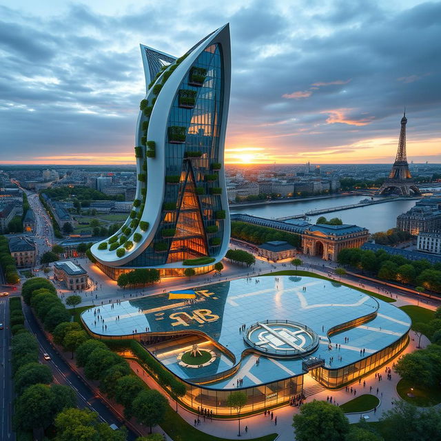 A bionic-shaped skyscraper with smooth, flowing lines and zigzags, positioned in Paris