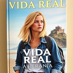 A book cover titled 'VIDA REAL: A HERANÇA' featuring a young woman with medium length blonde hair and a thoughtful expression