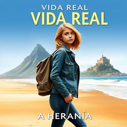 A book cover titled 'VIDA REAL: A HERANÇA' featuring a young woman with medium length blonde hair and a thoughtful expression