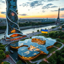 An innovative bionic-shaped skyscraper with smooth, flowing lines and zigzags, set against the Paris backdrop