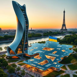 An innovative bionic-shaped skyscraper with smooth, flowing lines and zigzags, set against the Paris backdrop