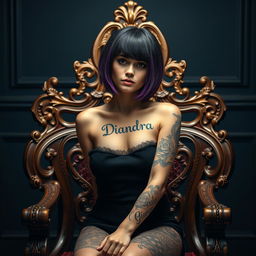 A full body portrait of a 20-year-old Russian girl with short black-purple hair, sitting on an ornately carved wooden chair