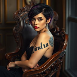 A full body portrait of a 20-year-old Russian girl with short black-purple hair, sitting on an ornately carved wooden chair