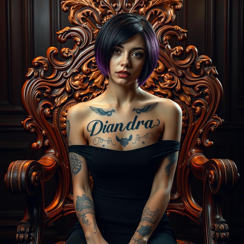 A full body portrait of a 20-year-old Russian girl with short black-purple hair, sitting on an ornately carved wooden chair