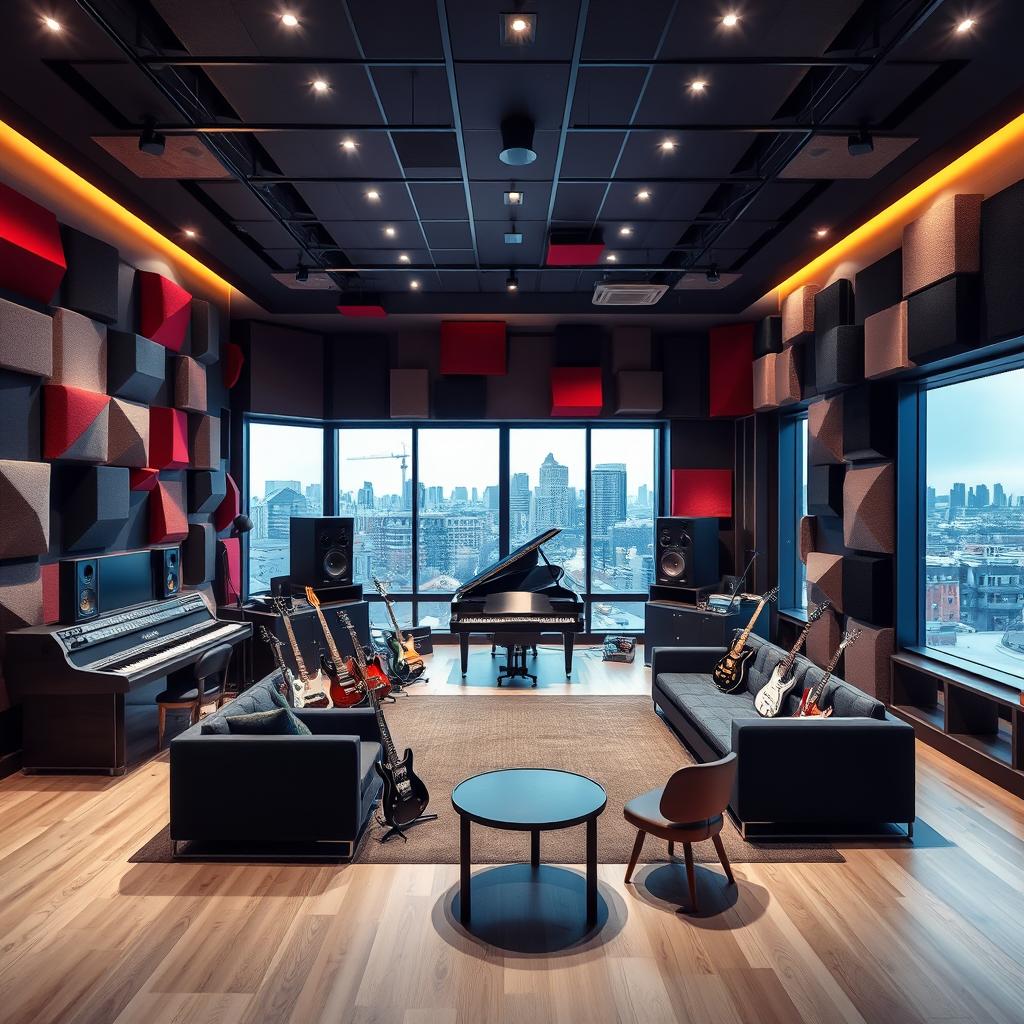 A modern and sleek recording studio with state-of-the-art equipment