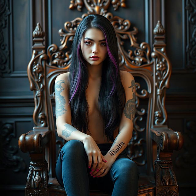 A beautiful 20-year-old girl sitting on an ornately carved wooden chair