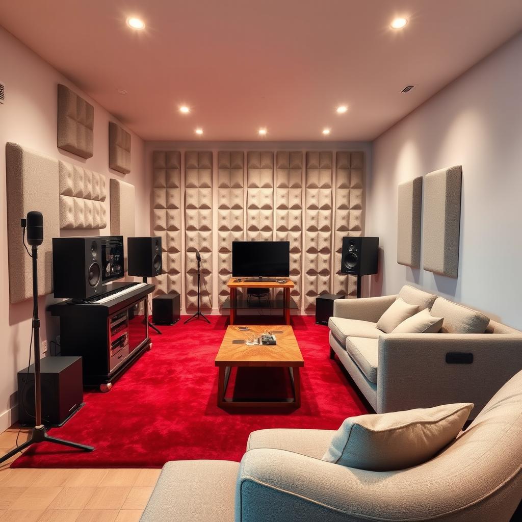 A stylish home recording studio with a luxurious red carpet and pristine white walls