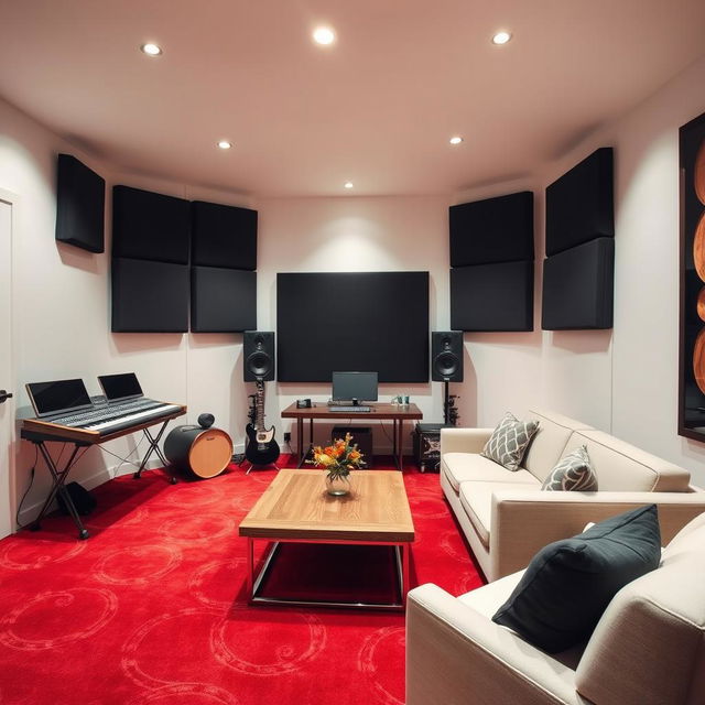 A stylish home recording studio with a luxurious red carpet and pristine white walls