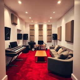 A stylish home recording studio with a luxurious red carpet and pristine white walls