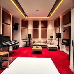 A stylish home recording studio with a luxurious red carpet and pristine white walls