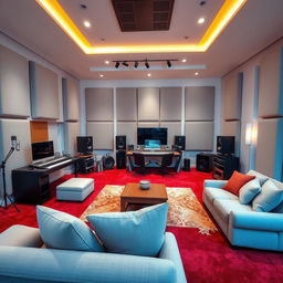 A home recording studio featuring a luxurious red carpet and pristine white walls, complemented by light grey acoustic panels