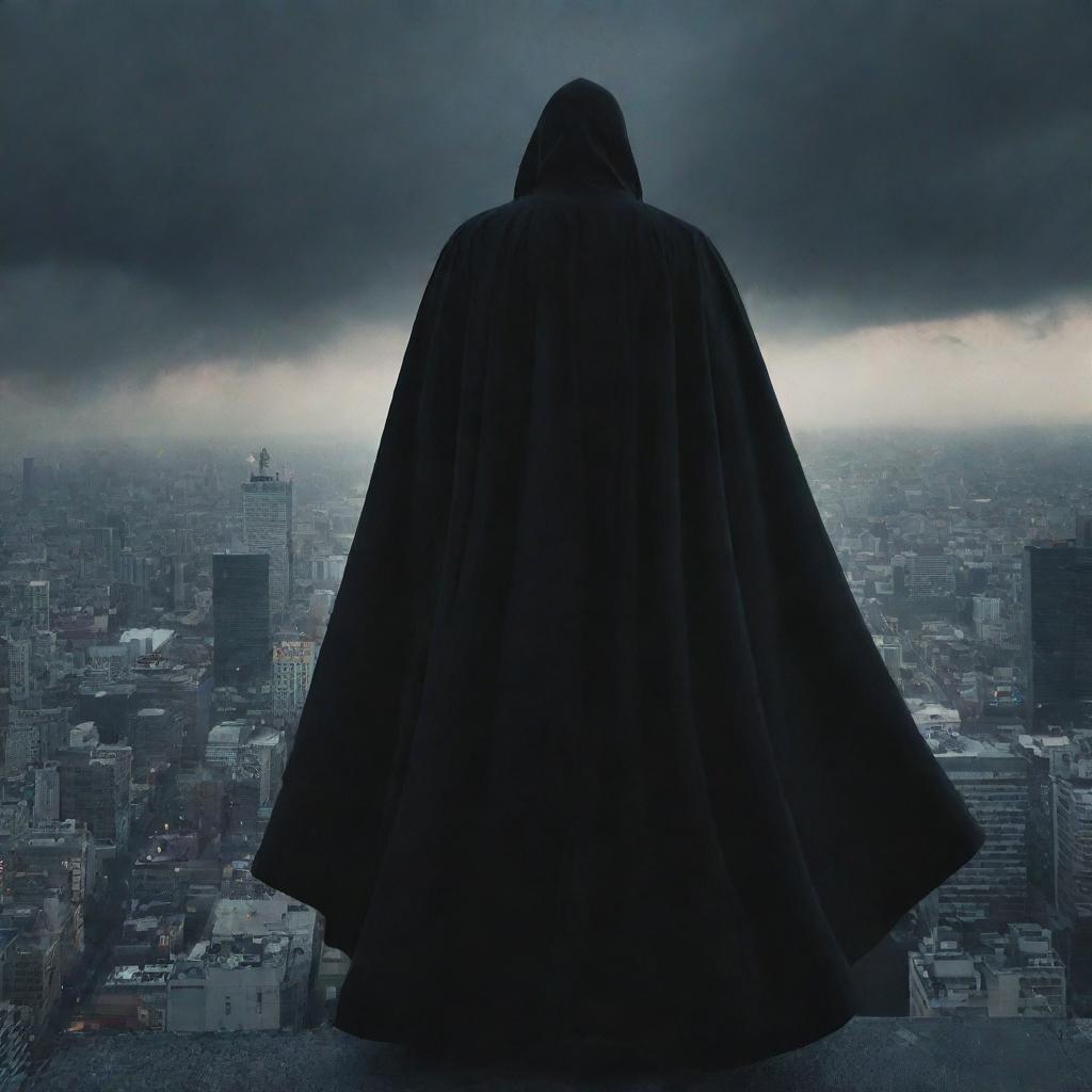 A menacing villain standing on top of a tall building, overlooking a dark cityscape, with his cloak billowing in the wind.